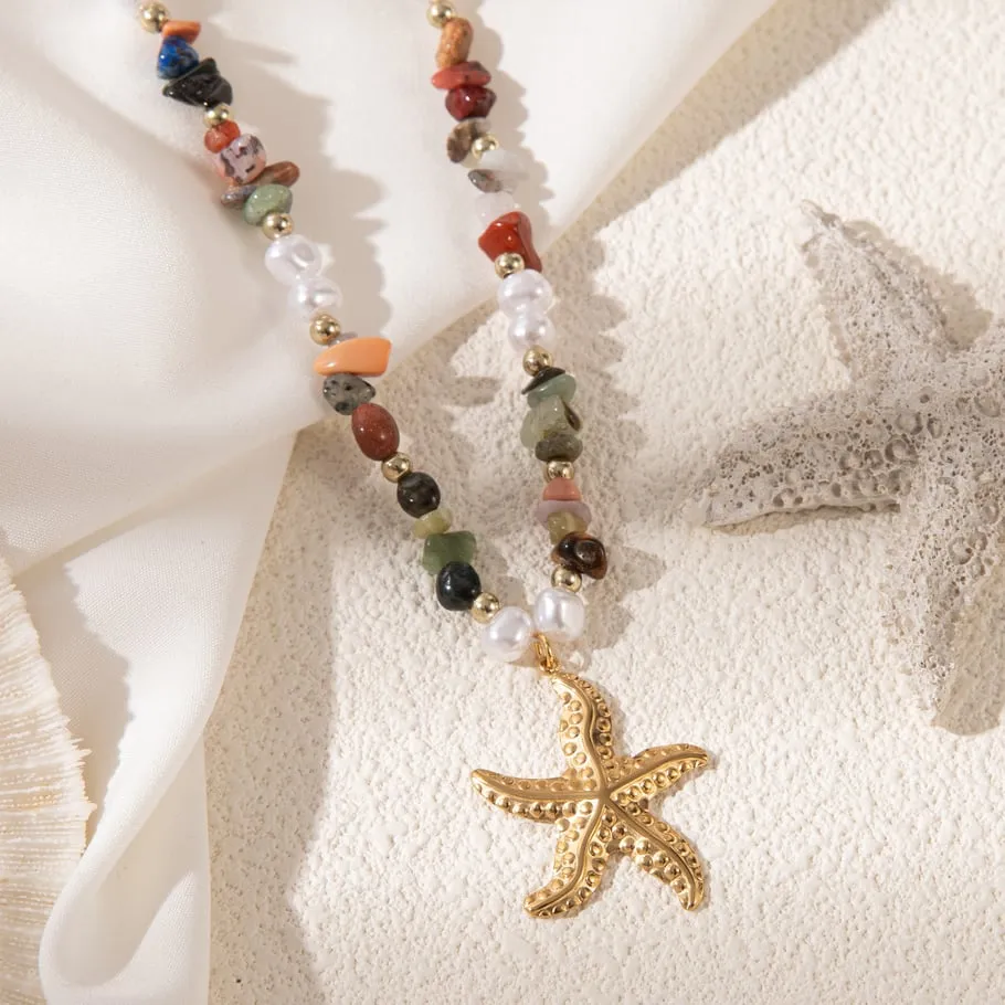 Κολιέ με Πολύχρωμες Πέτρες & Χρυσό Αστερία